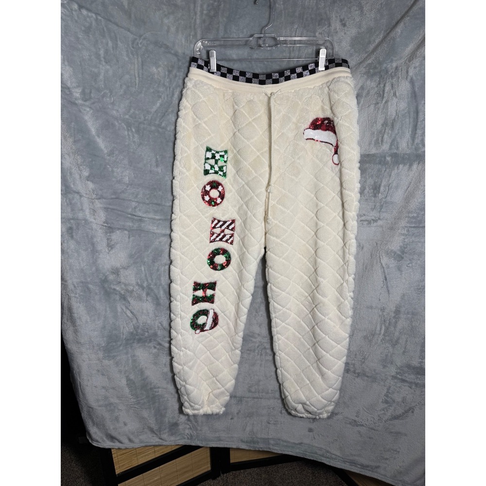 Miss Chevious Womens Quilted Fuzzy Holiday Sweatpants XL Santa Hat HO‎ HO HO NWT